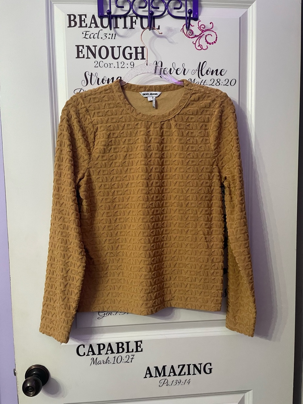 Dkny Camel Textured Long-Sleeve Crewneck Sweater